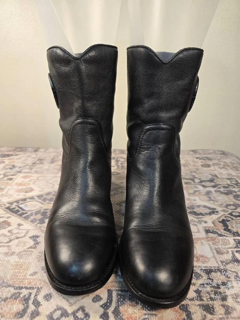 Tory Burch Hallie Mid Shaft Logo Black Leather Riding Boots Women's Size 7.5